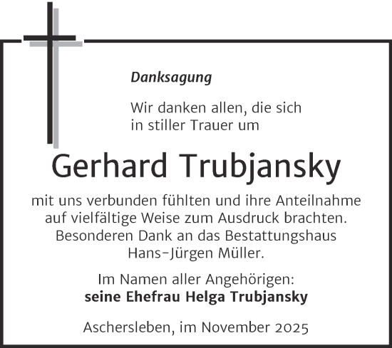 Traueranzeige von Gerhard Trubjansky von Trauerkombi Aschersleben