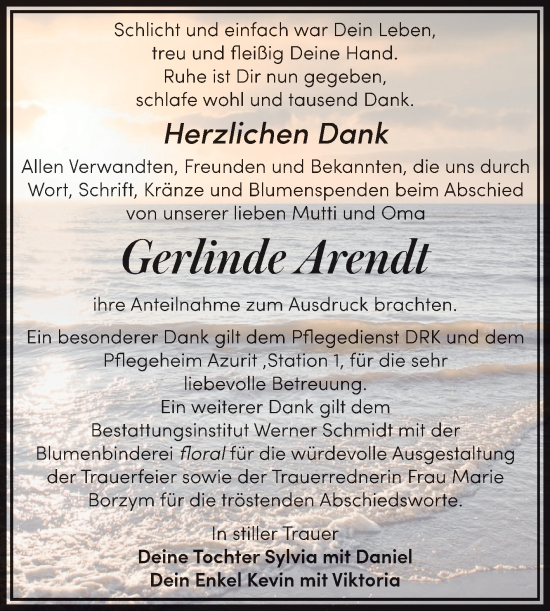 Traueranzeige von Gerlinde Arendt von Trauerkombi Quedlinburg