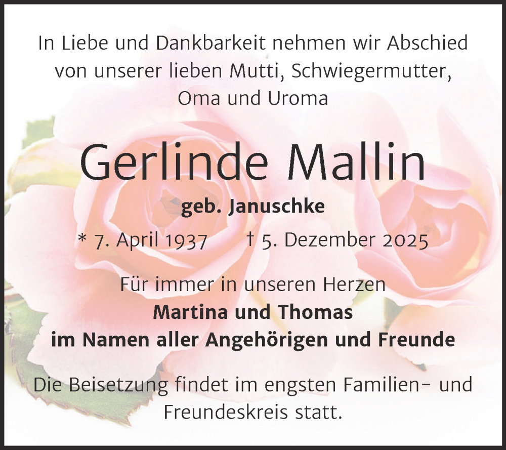  Traueranzeige für Gerlinde Mallin vom 13.12.2025 aus Mitteldeutsche Zeitung Halle/Saalkreis