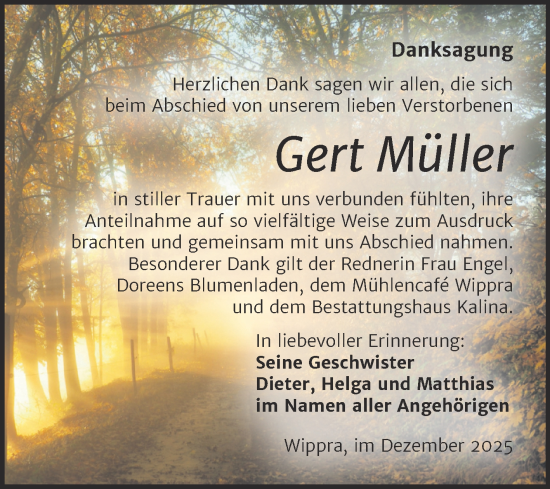 Traueranzeige von Gert Müller von Trauerkombi Sangerhausen