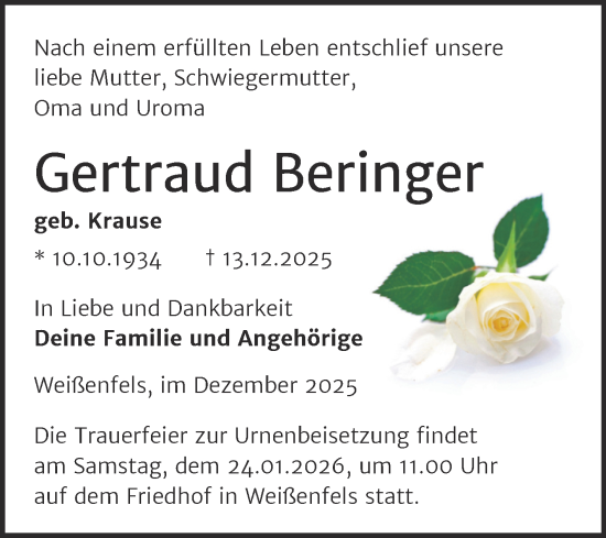 Traueranzeige von Gertraud Beringer von Trauerkombi Weißenfels