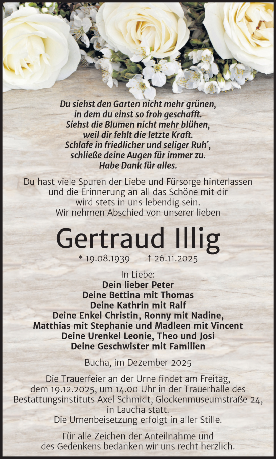 Traueranzeige von Gertraud Illig von Super Sonntag Naumburg/Nebra