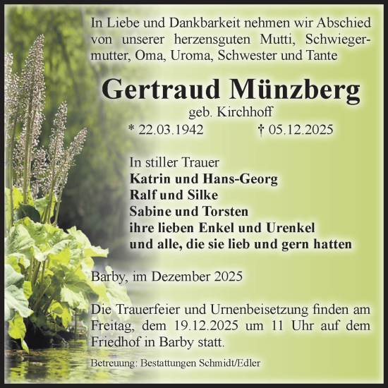 Traueranzeige von Gertraud Münzberg von Volksstimme Schönebeck