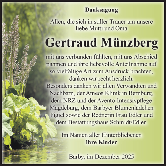 Traueranzeige von Gertraud Münzberg von Volksstimme Schönebeck