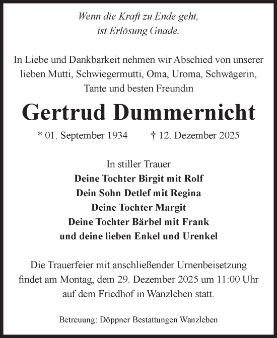 Traueranzeige von Gertrud Dummernicht von Volksstimme Oschersleben/Wanzleben