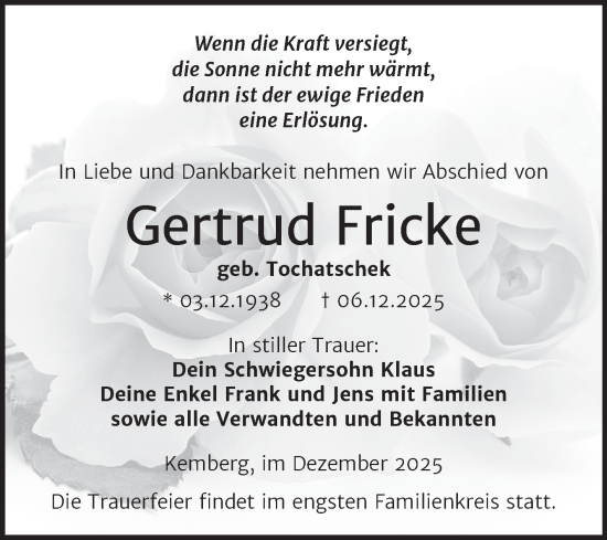 Traueranzeige von Gertrud Fricke von Trauerkombi Wittenberg