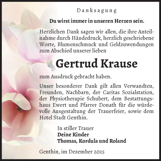 Traueranzeige von Gertrud Krause von Volksstimme Burg/Genthin