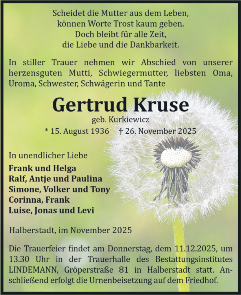  Traueranzeige für Gertrud Kruse vom 06.12.2025 aus Volksstimme Halberstadt