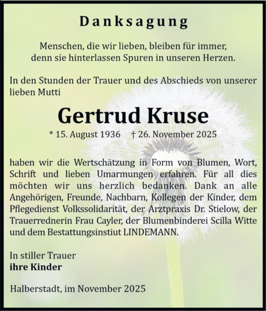  Traueranzeige für Gertrud Kruse vom 20.12.2025 aus Volksstimme Halberstadt