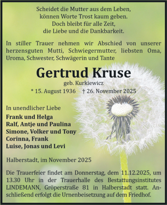 Traueranzeige von Gertrud Kruse von Volksstimme Halberstadt