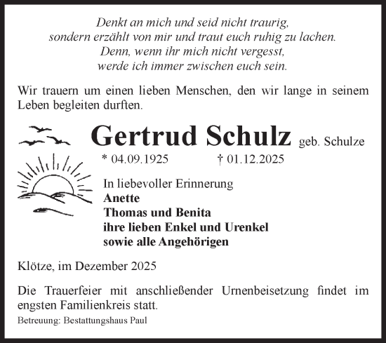 Traueranzeige von Gertrud Schulz von Volksstimme Altmark West