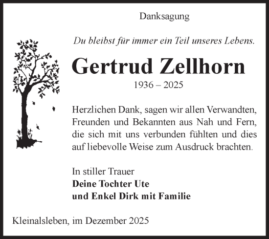 Traueranzeige von Gertrud Zellhorn von Volksstimme Oschersleben/Wanzleben