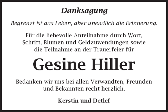 Traueranzeige von Gesine Hiller von Volksstimme Magdeburg