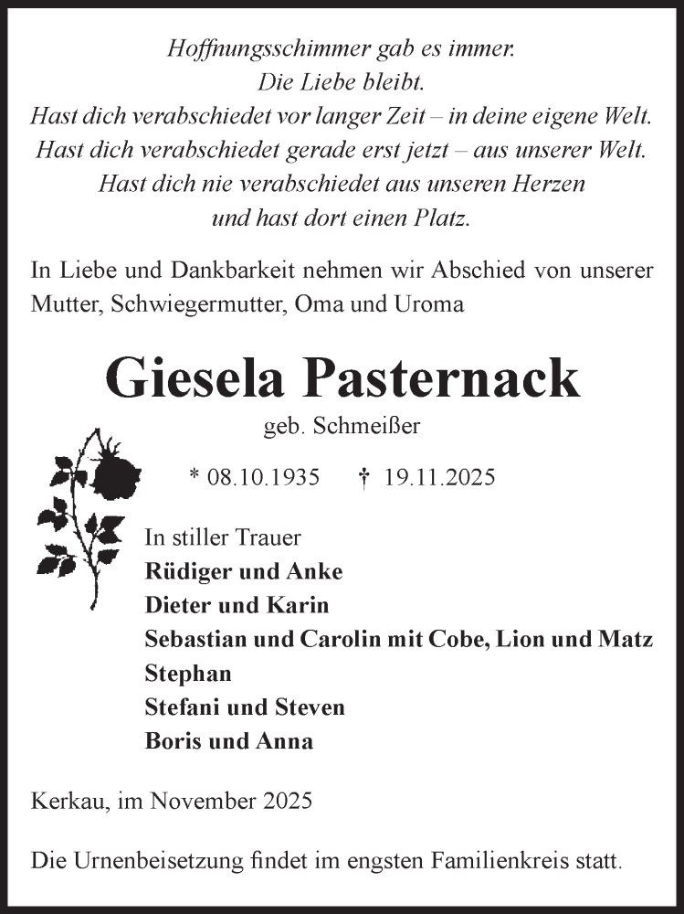  Traueranzeige für Giesela Pasternack vom 26.11.2025 aus Volksstimme Altmark West