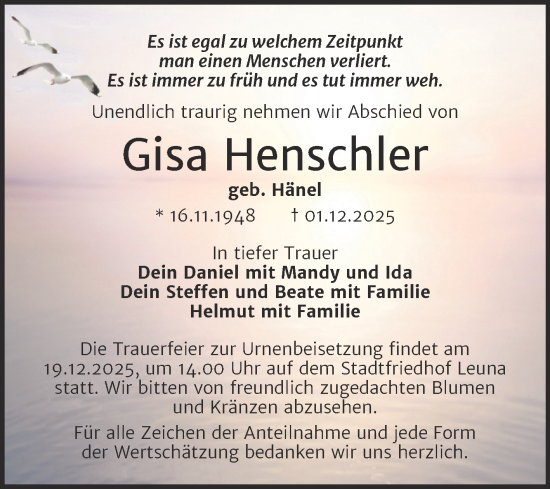 Traueranzeige von Gisa Henschler von Trauerkombi Merseburg