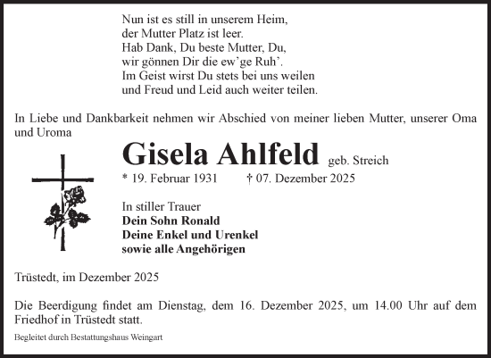 Traueranzeige von Gisela Ahlfeld von Volksstimme Altmark West