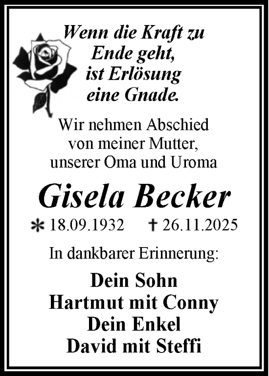 Traueranzeige von Gisela Becker von Trauerkombi Dessau