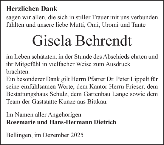 Traueranzeige von Gisela Behrendt von Volksstimme Altmark Ost