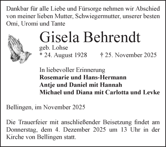 Traueranzeige von Gisela Behrendt von Volksstimme Altmark Ost