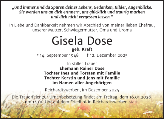Traueranzeige von Gisela Dose von Trauerkombi Weißenfels