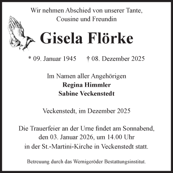 Traueranzeige von Gisela Flörke von Volksstimme Wernigerode