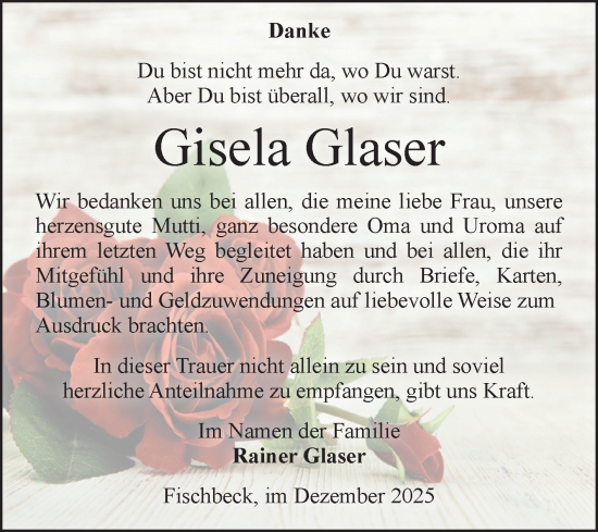 Traueranzeige von Gisela Glaser von Volksstimme Altmark Ost
