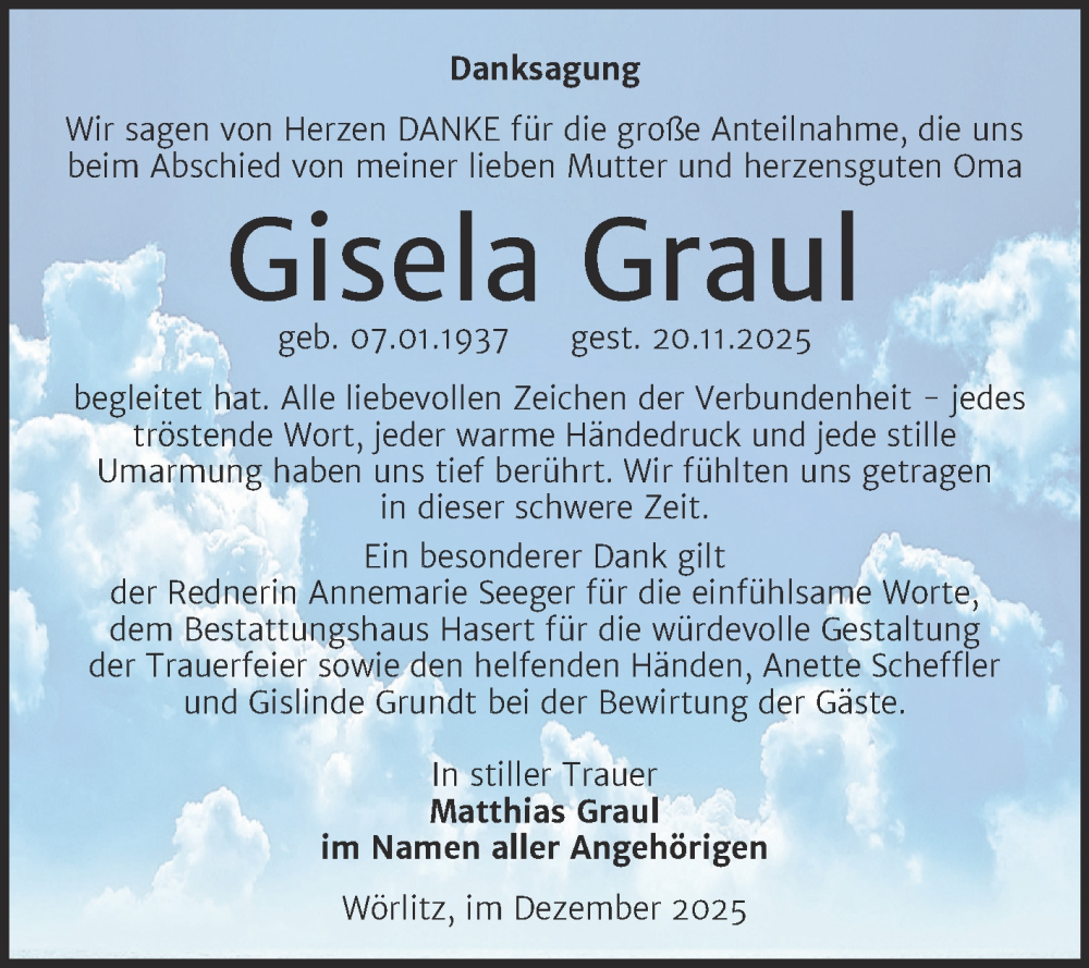  Traueranzeige für Gisela Graul vom 13.12.2025 aus Trauerkombi Wittenberg