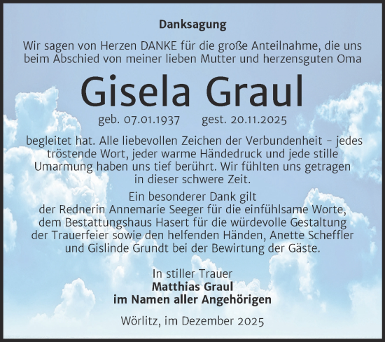 Traueranzeige von Gisela Graul von Trauerkombi Wittenberg