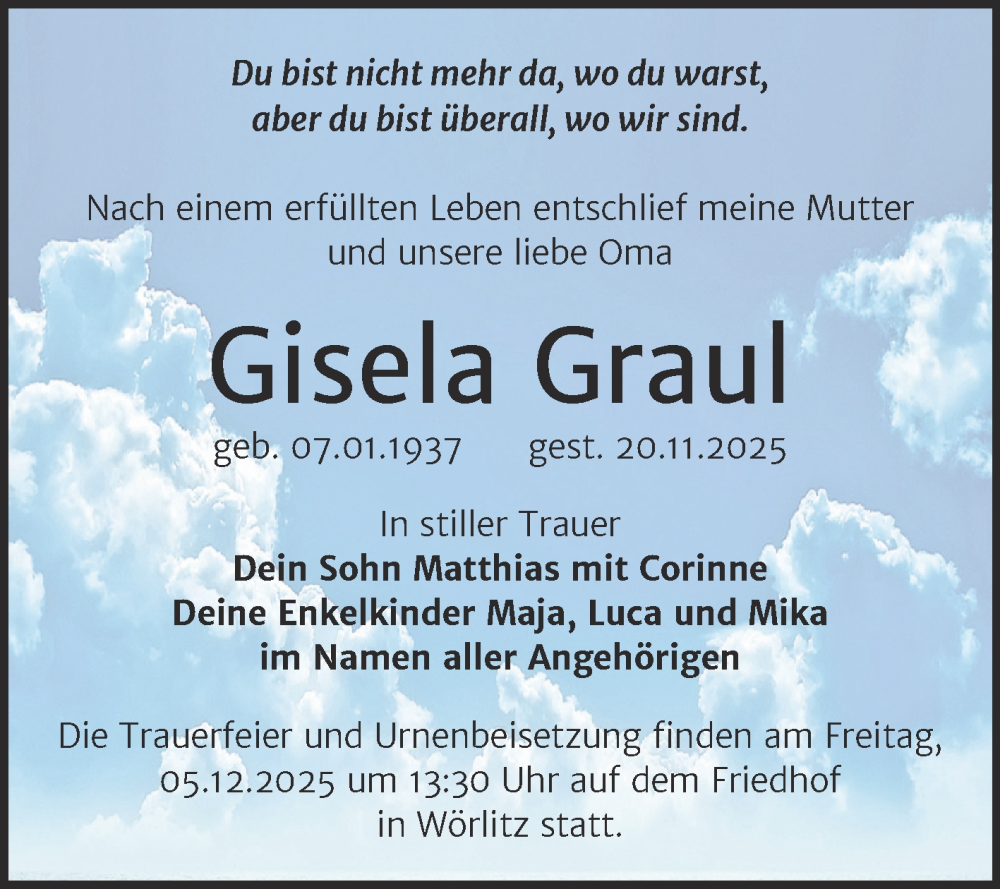  Traueranzeige für Gisela Graul vom 29.11.2025 aus Trauerkombi Wittenberg