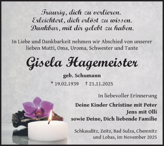 Traueranzeige von Gisela Hagemeister von Trauerkombi Zeitz