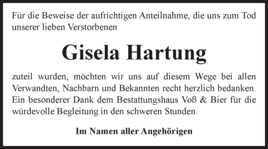 Traueranzeige von Gisela Hartung von Volksstimme Wernigerode