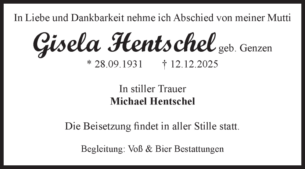  Traueranzeige für Gisela Hentschel vom 20.12.2025 aus Volksstimme Wernigerode