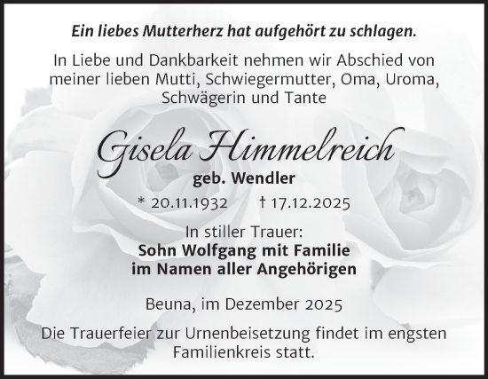 Traueranzeige von Gisela Himmelreich von Trauerkombi Merseburg