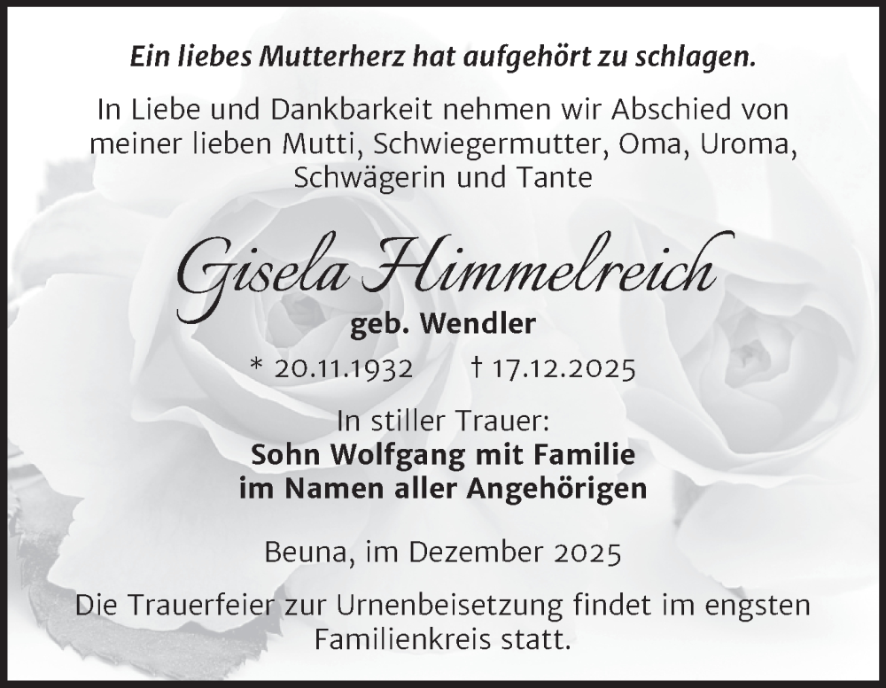  Traueranzeige für Gisela Himmelreich vom 27.12.2025 aus Trauerkombi Merseburg