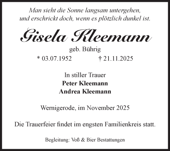 Traueranzeige von Gisela Kleemann von Volksstimme Wernigerode