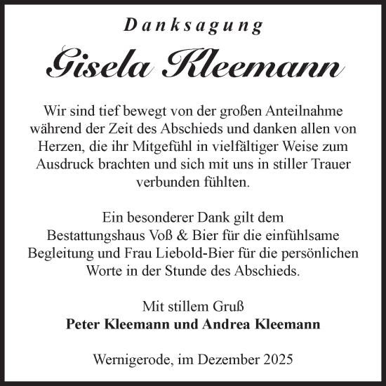 Traueranzeige von Gisela Kleemann von Volksstimme Wernigerode