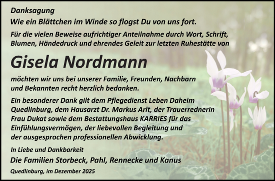 Traueranzeige von Gisela Nordmann von Trauerkombi Quedlinburg