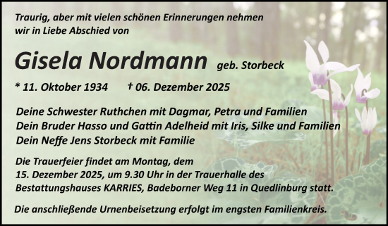 Traueranzeige von Gisela Nordmann von Trauerkombi Quedlinburg