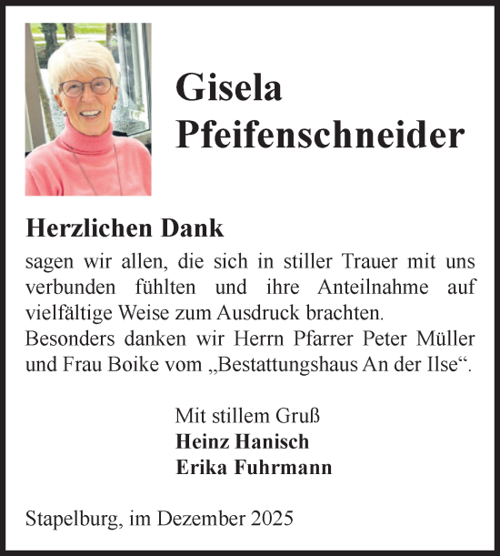 Traueranzeige von Gisela Pfeifenschneider von Volksstimme Wernigerode