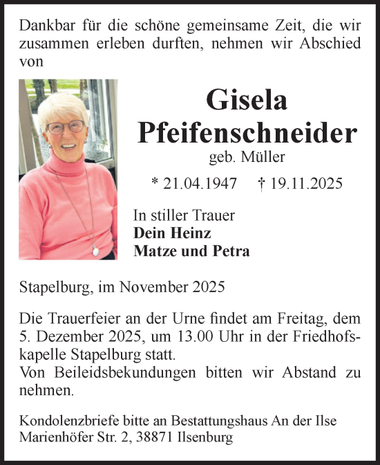 Traueranzeige von Gisela Pfeifenschneider von Volksstimme Wernigerode