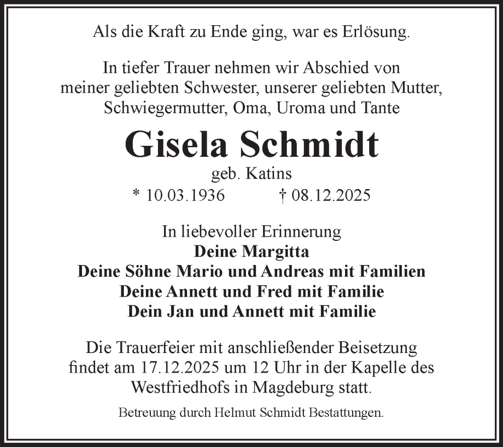  Traueranzeige für Gisela Schmidt vom 13.12.2025 aus Volksstimme Magdeburg