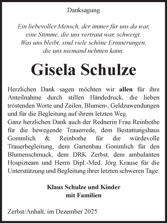 Traueranzeige von Gisela Schulze von Volksstimme Zerbst