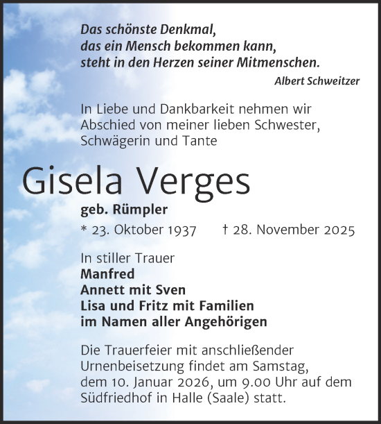 Traueranzeige von Gisela Verges von Mitteldeutsche Zeitung Halle/Saalkreis