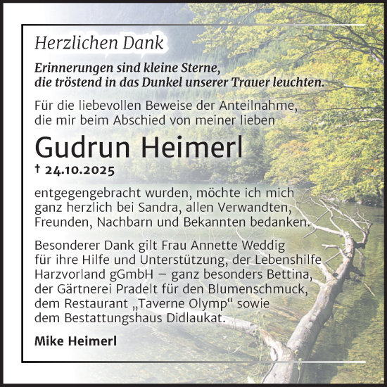 Traueranzeige von Gudrun Heimerl von Trauerkombi Quedlinburg