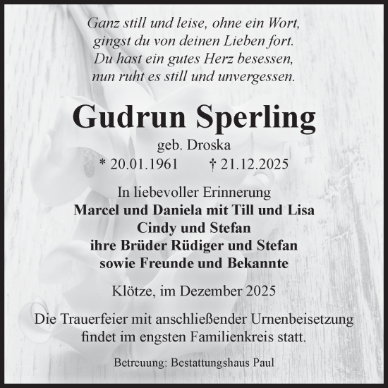 Traueranzeige von Gudrun Sperling von Volksstimme Altmark West