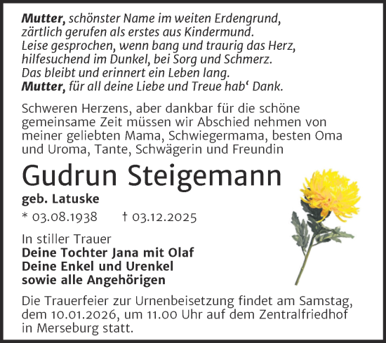 Traueranzeige von Gudrun Steigemann von Trauerkombi Merseburg