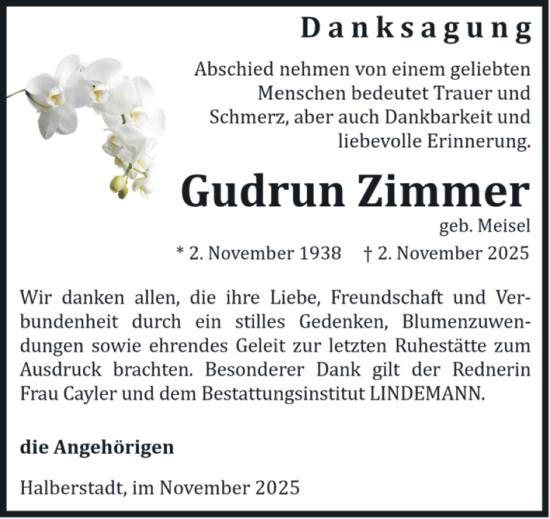 Traueranzeige von Gudrun Zimmer von Volksstimme Halberstadt