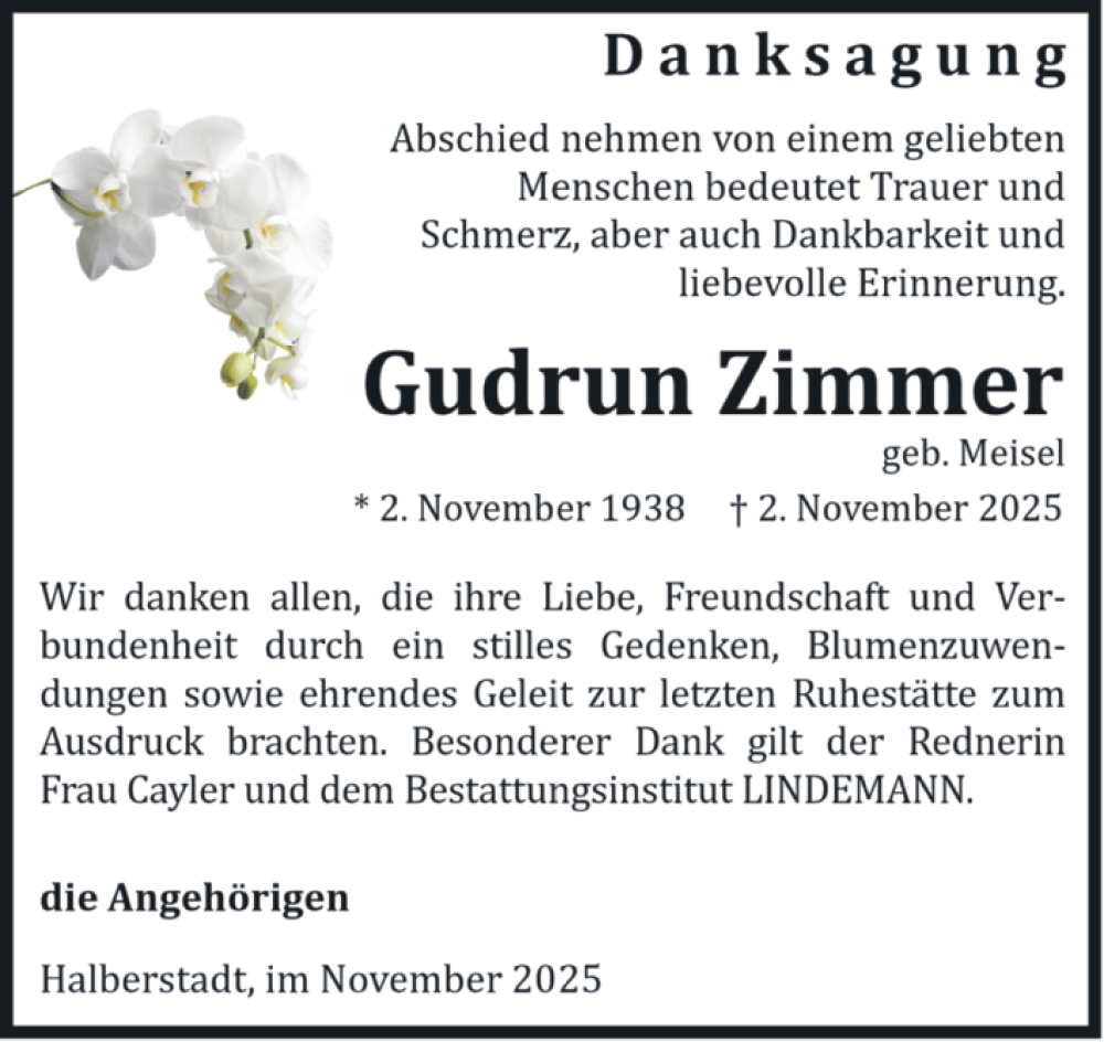  Traueranzeige für Gudrun Zimmer vom 06.12.2025 aus Volksstimme Halberstadt
