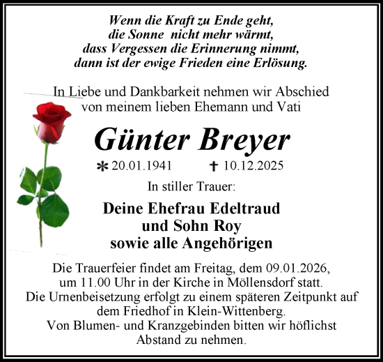 Traueranzeige von Günter Breyer von Trauerkombi Wittenberg