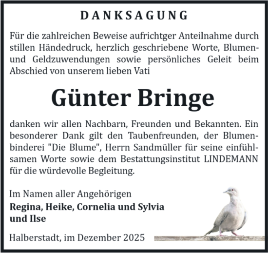 Traueranzeige von Günter Bringe von Volksstimme Halberstadt
